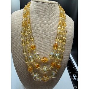 Vintage West Germany Triple Strand Amber Glass Bead Necklace Gold Tone Filigree